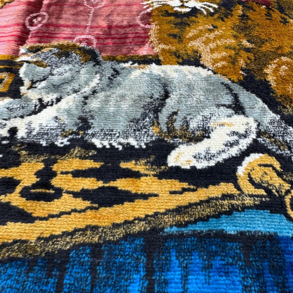 Vintage Mid-Century 1950s 60s Velvet Tapestry Frinhe Cats Playing Chess Wall Rug